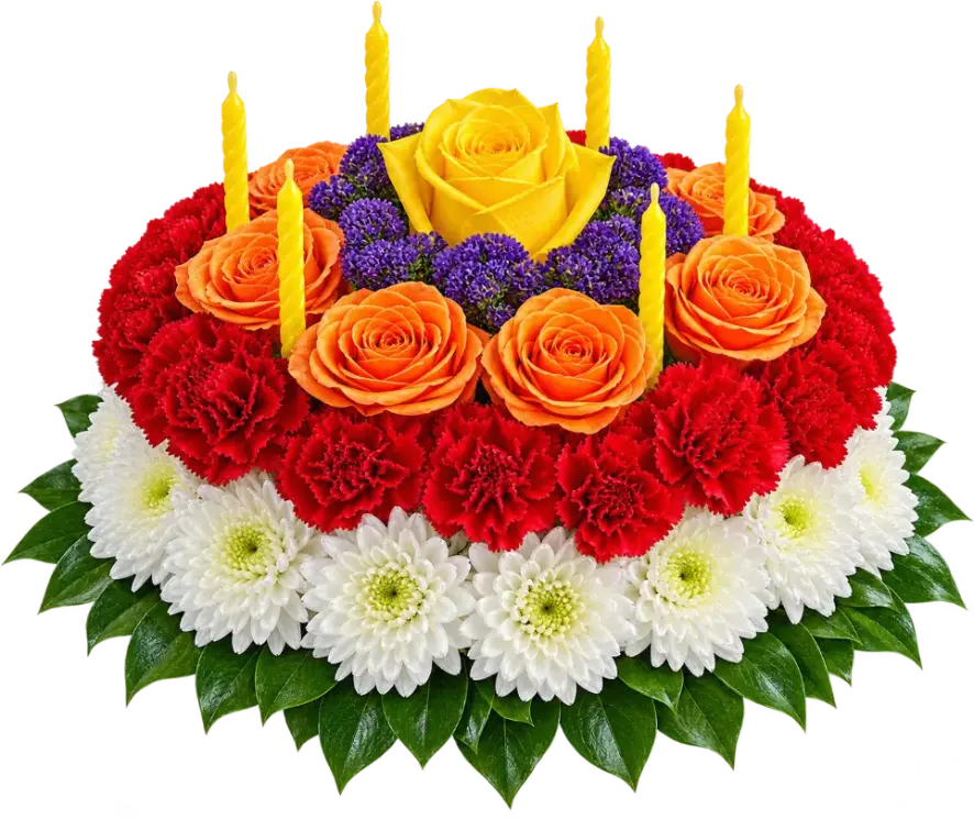 Colorful flowers arranged as a birthday cake with yellow candles for a birthday gift