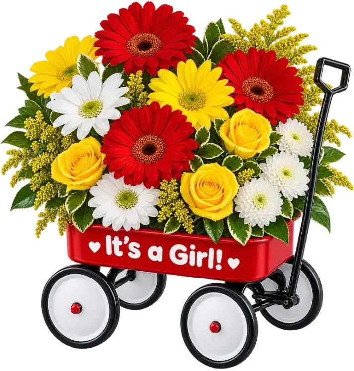 Red, white, and yellow flowers arranged in a red wagon for custom floral arrangements