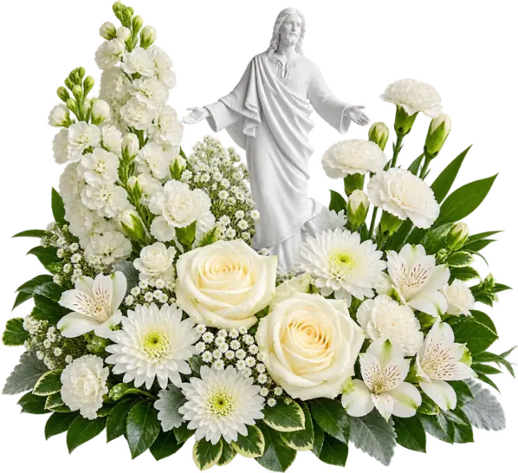 Assorted white flowers with a small white memorial figure for sympathy arrangements