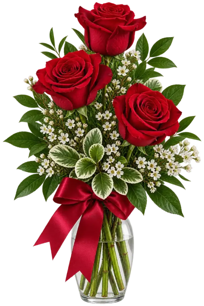 Three red roses in a glass vase with a red ribbon, handcrafted bouquet