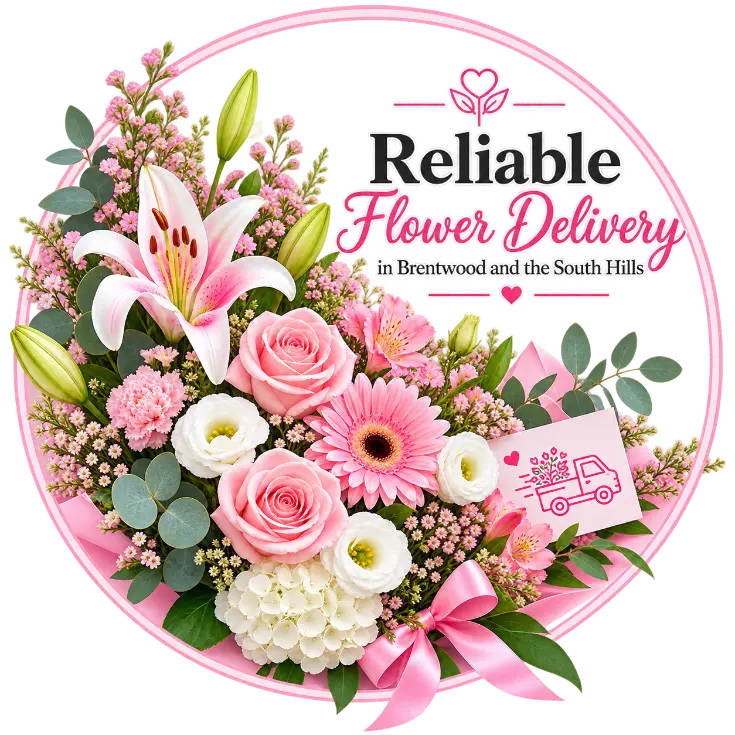 Pink and white flower arrangement with a card for flower delivery in Brentwood, PA